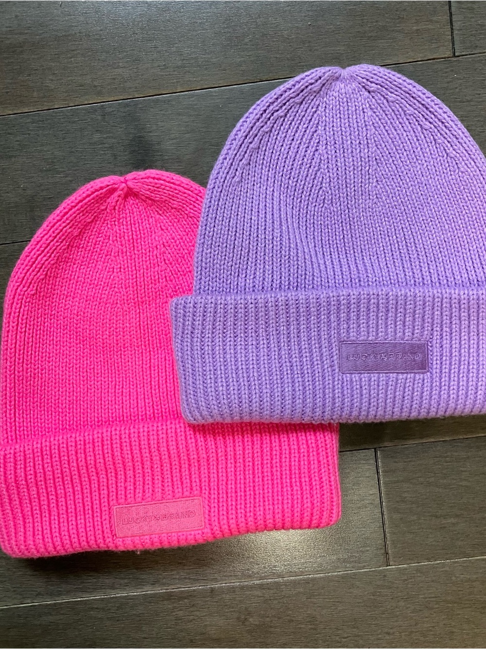 Lucky Brand Neon Pink and Lavender Knit Beanie Set